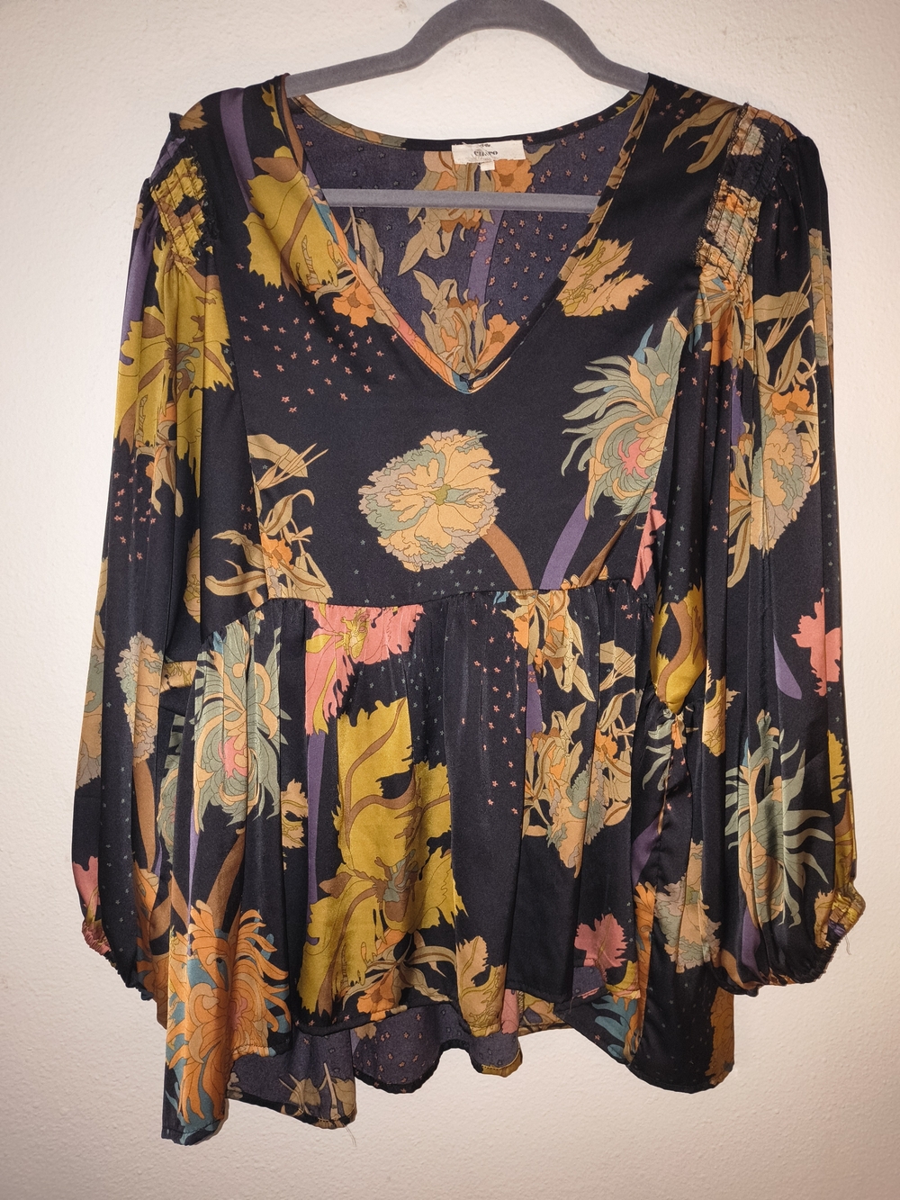 entro Black Floral V-Neck Peplum Tunic with Mustard & Coral Accents